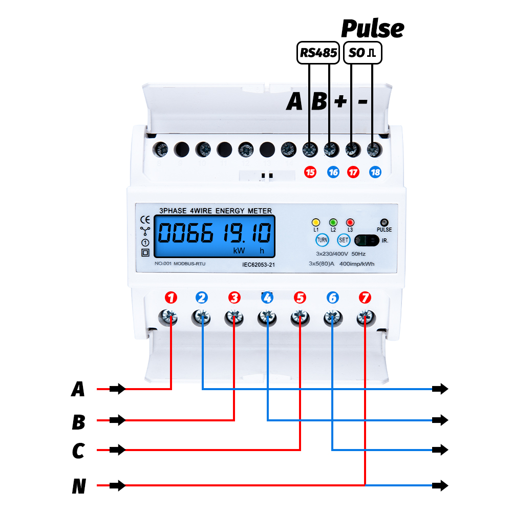 3 fase 4 draad RS485 Modbus 380V 80A DIN RAIL ENERGY METER Digitale achtergrondverlichting Power Factor Monitor met spanningsstroomweergave