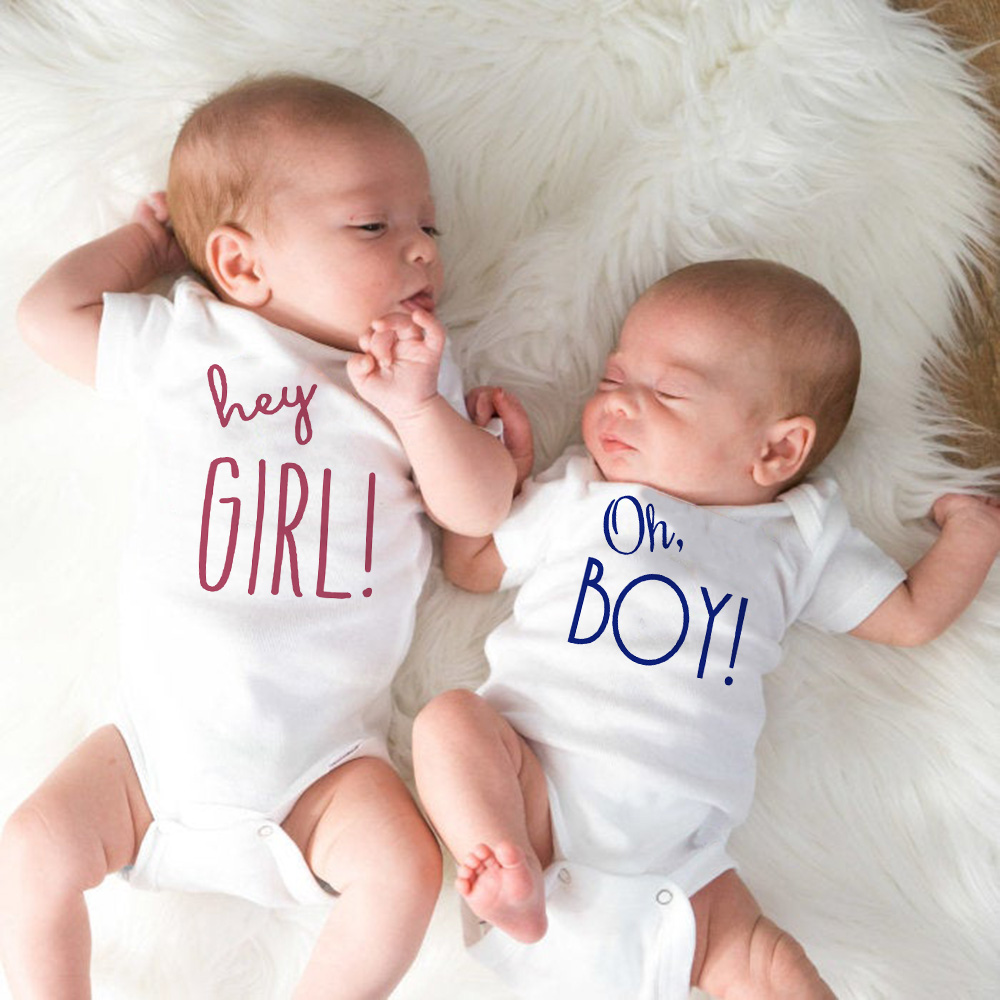 Twin Girl Twin Boy Matching kleding Geslacht onthullen Baby Hey Girl oh Boy Newborn baby romper jumpsuit outfits