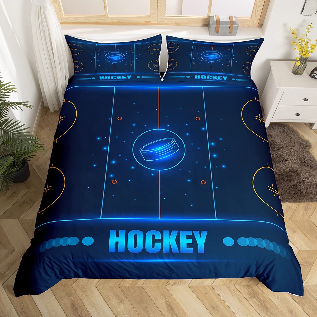Ice Hockey Sports King Queen Duvet Cover Burning Hockey Ball Bedding Set for Teens Athlete Black 2/Polyester Quilt Cover