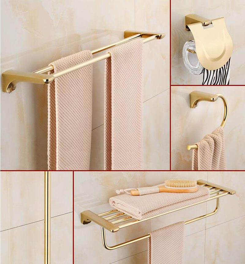 Gouden messing badkamer accessoires set badhanddoek rek met handdoekrek toiletborstelhouder handdoekringpapier houder badkamer accessoires