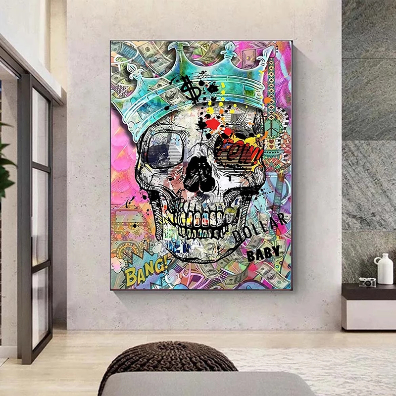 Abstract Colorful Skulls with Crown Canvas Paintings Graffiti Posters Print Wall Art Pictures for Living Room Wall Decor Cuadros