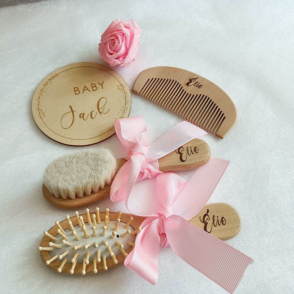 Personalized Wooden Brush and Comb Set, Custom Name, Baby Shower Gift, Commemorative, Newborn Birth Plate