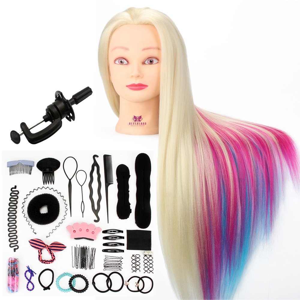 70 cm de long Hair coloré Hair-Dressing Training Head with Stand Combs Good Synthetic Hair Dummy Doll Manikin Head for Hairstyles