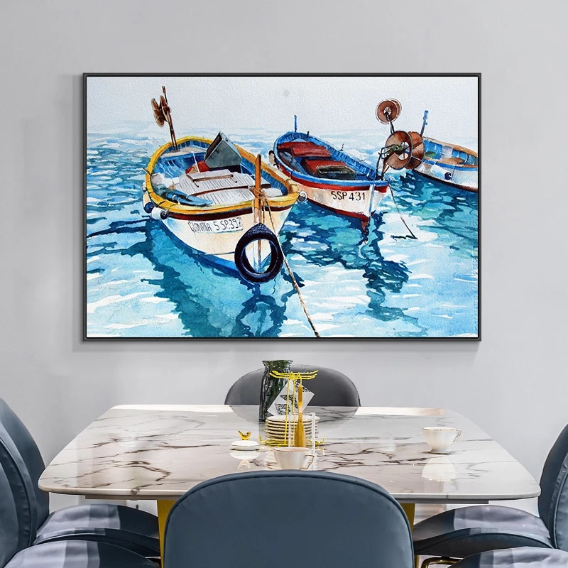 Boat in Blue Sea Seascape Wall Art Canvas Painting Affiches et imprimés Nordic Pictures Salon Home Decor Painting Pictures