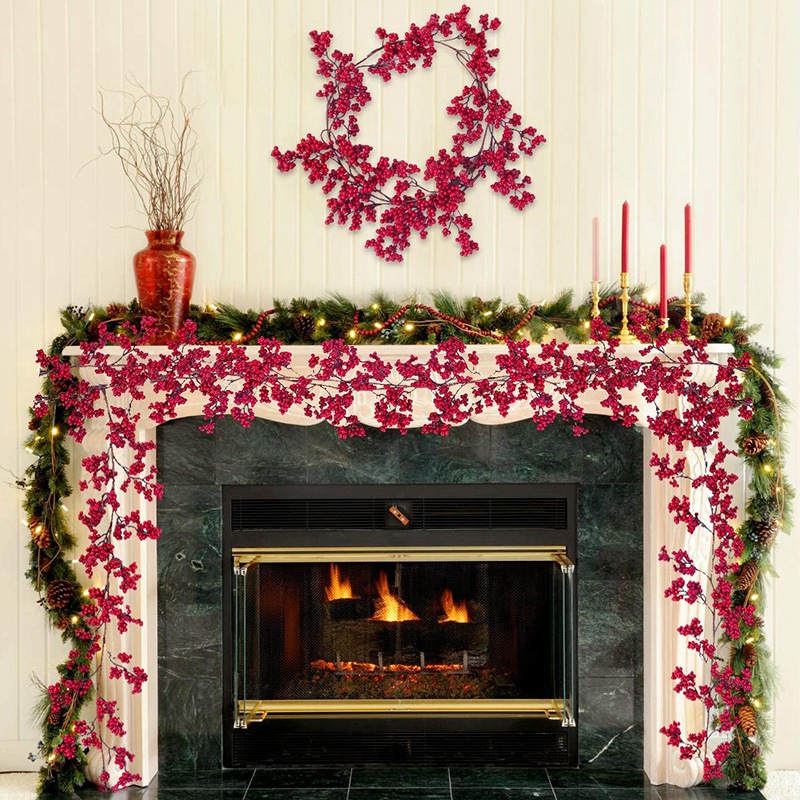 5.9 Ft Christmas Red Berry Garland Artificial Burgundy Red Pip Christmas Garland for Fireplace Decorations Holiday Decor