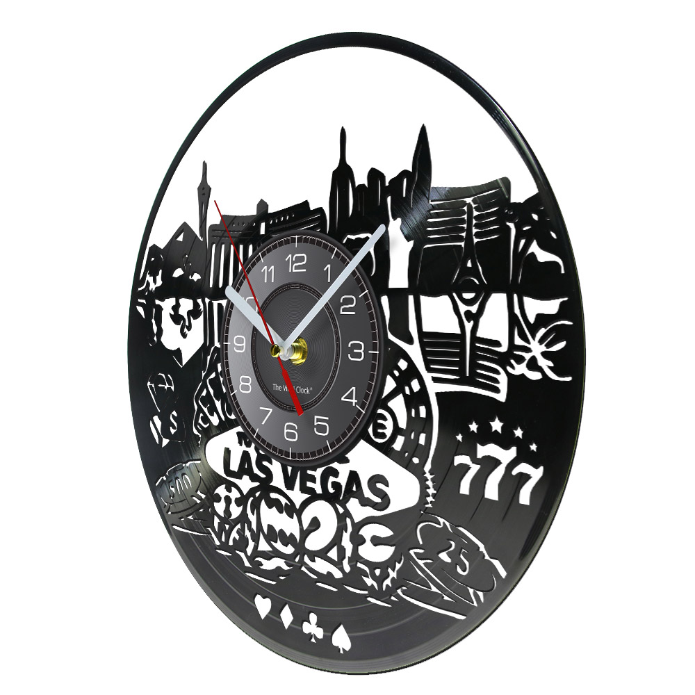 LAS VEGAS LACEAPE VINIL LP RECORT RECORT GAMBLING GAMBLING TOWN TEMBLE Reloj de pared hecha de récord de vinilo real decoración de obras de arte colgantes
