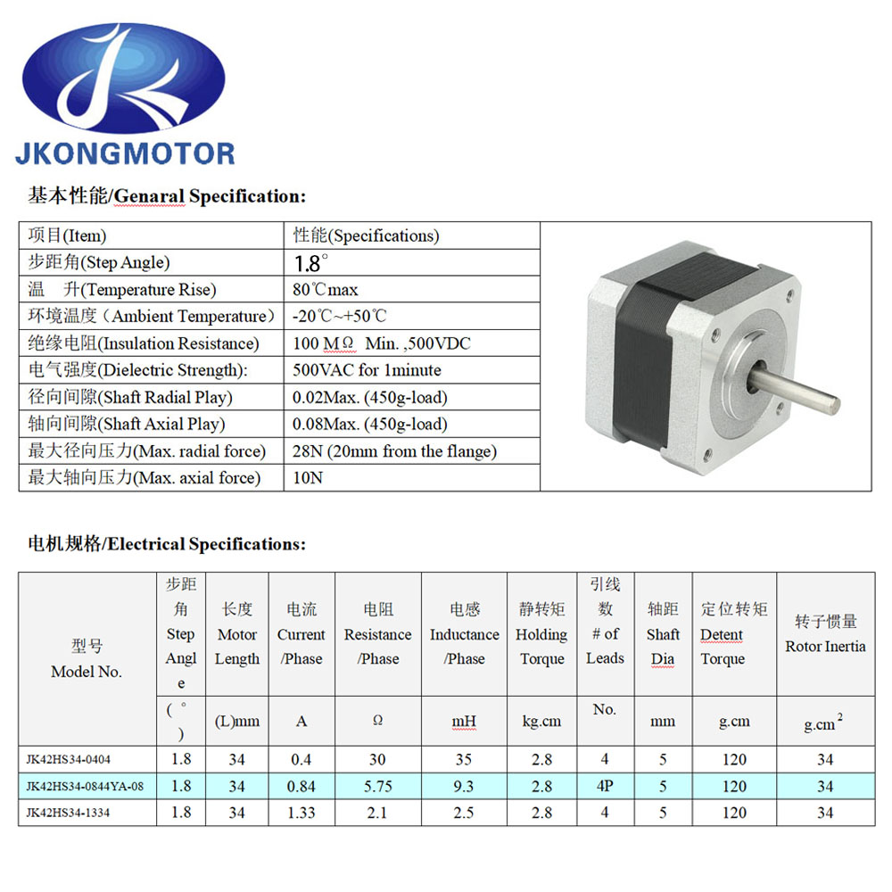 JKONGMOTOR NEMA 17 Stepper -Motor 1,8 Grad 4Leads 28 N.Cm 34 mm Länge Schrittmotor für DIY CNC 3D -Drucker