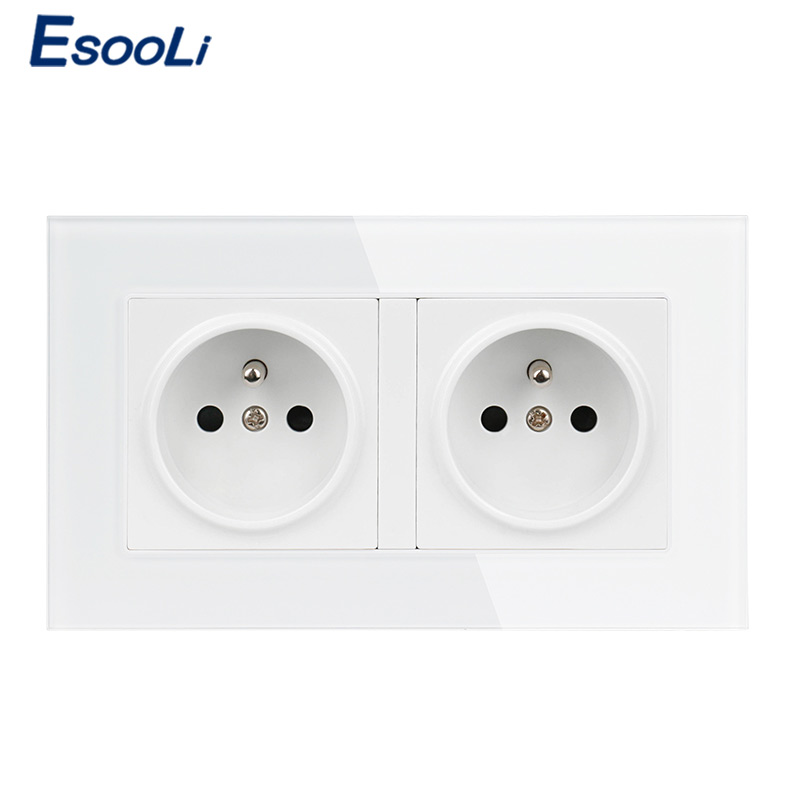 Esooli 16a Double French Standard Wall Socket Crystal Glass Panel Pannet Sortit Forced Forging avec une porte de protection de l'enfance Noir gris