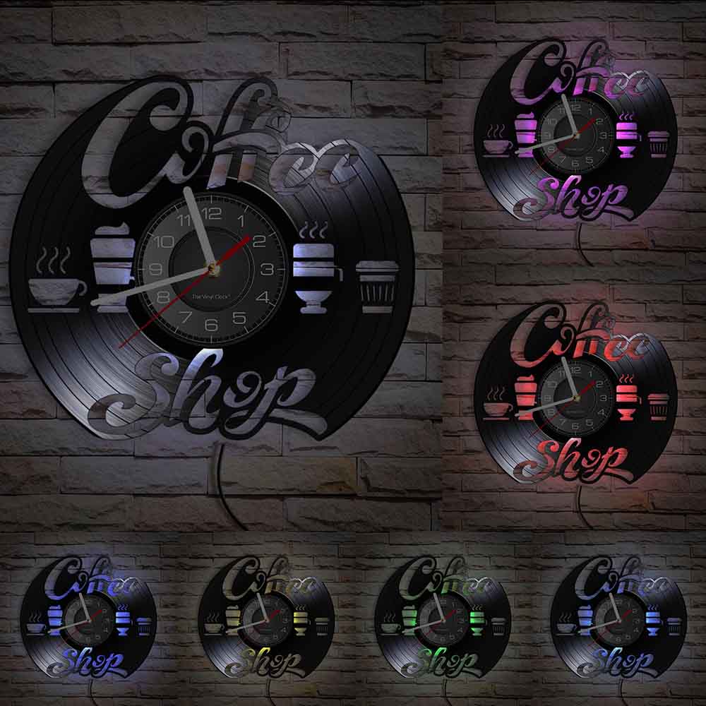 Coffee Shop Decorative Wall Clock Made Of Real Record Coffee Time Cafe House VIntage Vinyl Wall Watch Gift For Barista Chic Art