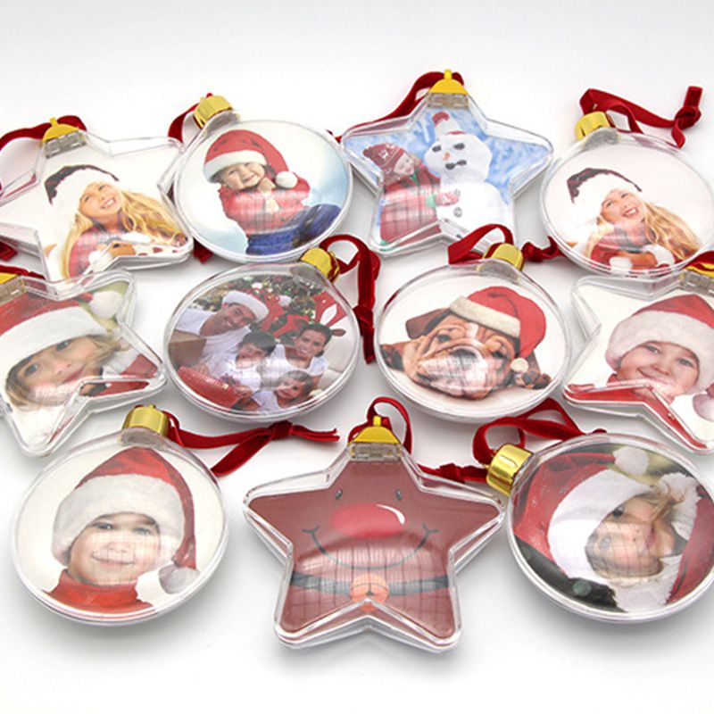 Jul transparent foto plast femstjärniga boll juldekorationer diy x-mas träd hängande dekor för hem bästa barn gåva