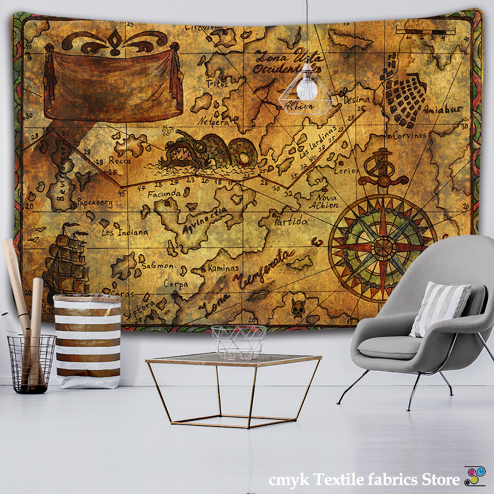 Nautiskt diagram Tapestry Pirate Treasure Map Hanging Decor Akvarell Map Letter Polyester Table Täck Yoga Beach Handduk