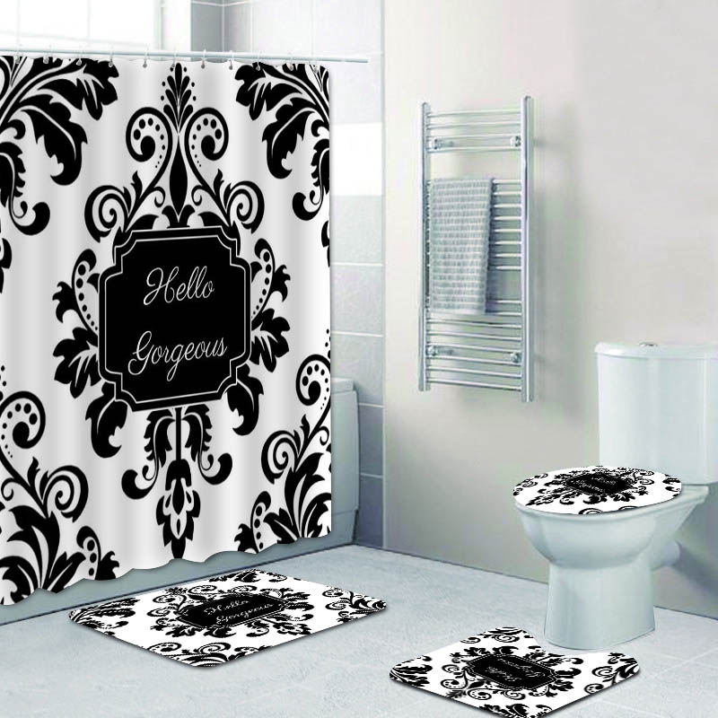 Luxury negro damask damask cortina de baño juego de tela de baño