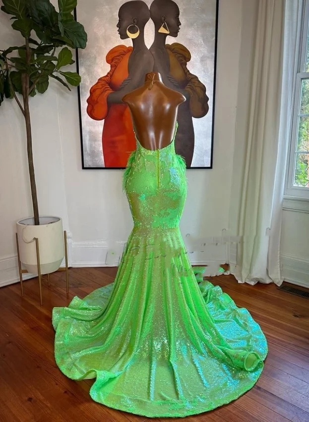 Luxury Green Long Prom Dress 2024 For Women Shiny Sexy Diamante Applique Feather Birthday Party Celebrity Evening Dresses