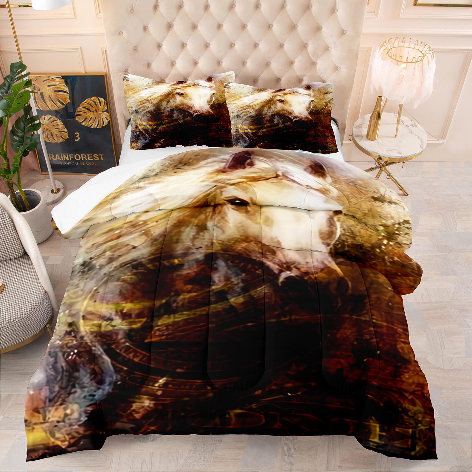 Conjunto de cama de edredom de cavalos marrons de luxo Conjunto de cama 3D Animais de edredão adultos adultos 200x200 têxteis domésticos macios e macios