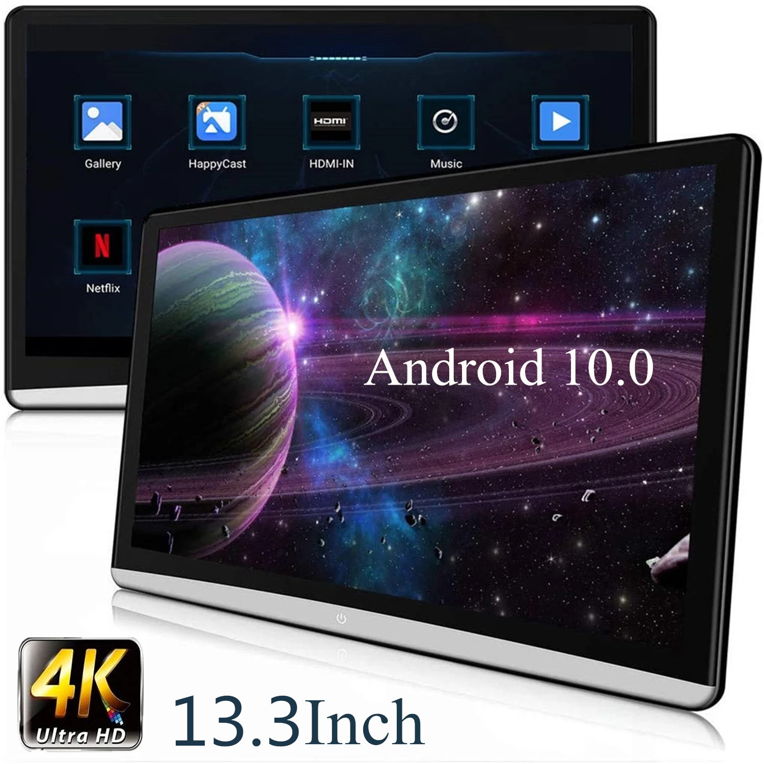 13.3 tum Android 10.0 Car Headrost Monitor 4K 1080p Pekskärm WiFi/Bluetooth/USB/SD/HDMI/FM/Mirror Link/Miracas MP5 Player