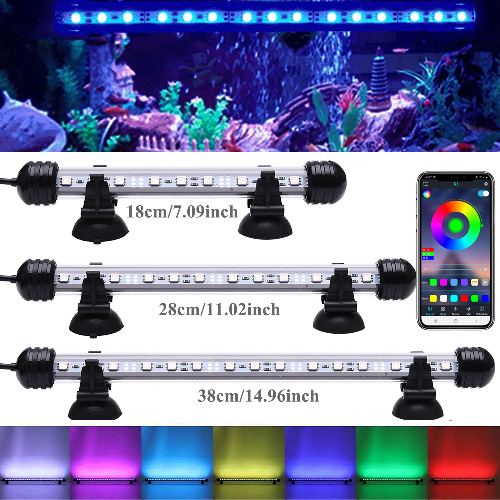 LED RGB Aquarium Light 18-38 cm kompatybilny z Bluetooth Kolor Zmiana lampy z akwarium Wodoodporne zanurzeniowe