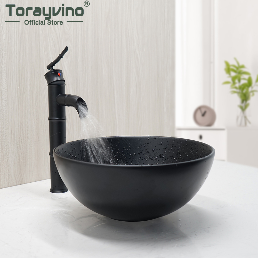 Torayvino Round Bathroom Black Ceramic Countertop Bowl Sink Faucet Set Basin Wish Popup Drainミキサーウォーターフォールタップコンボキット