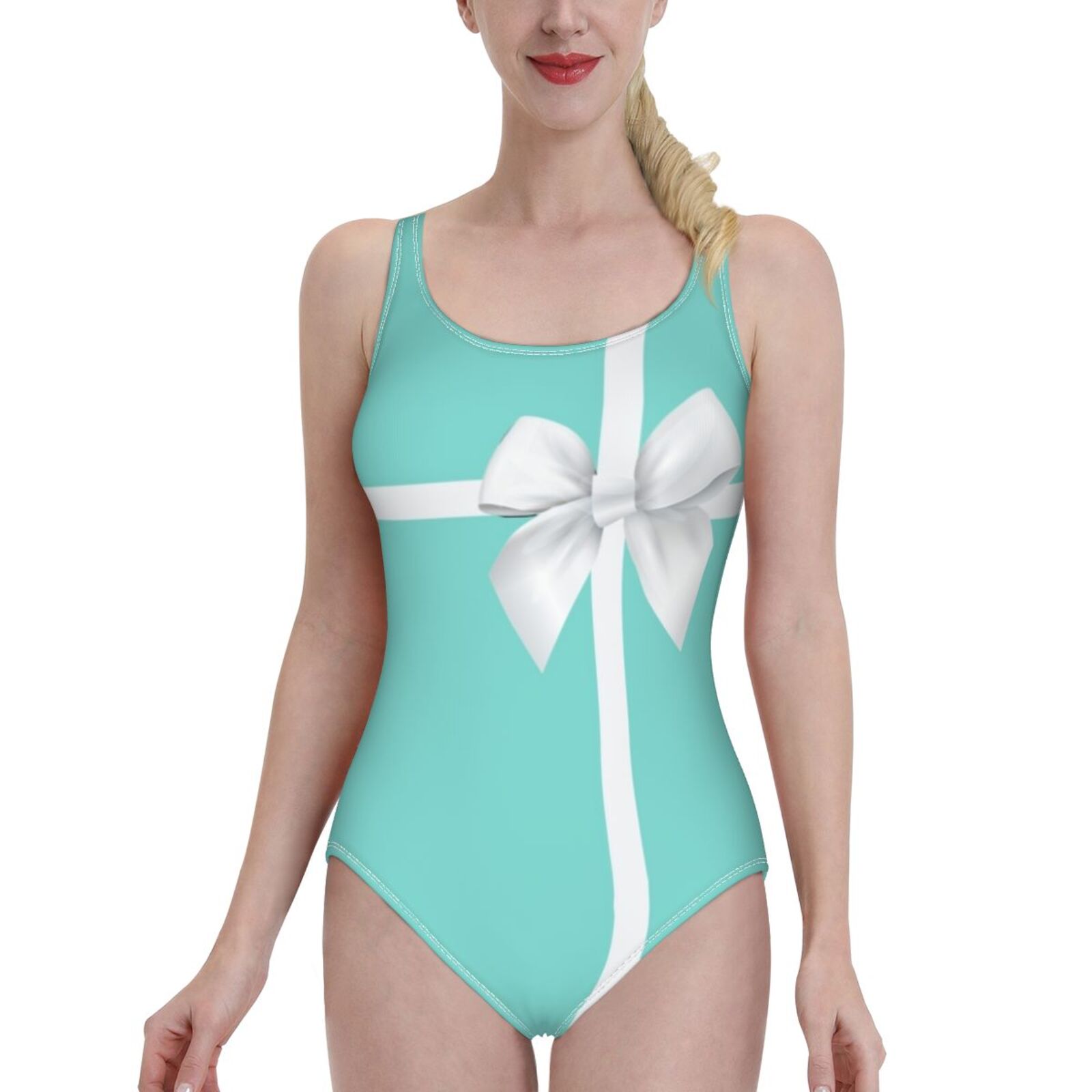 Boîte cadeau bleu arc blanc femme ébouriffer un morceau de maillot de bain sexy body body monokini mail de bain de bain aqua teal co s bleu chic