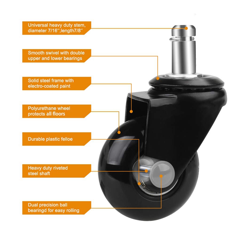 Remplacement Chair Wheels 2 pouces, roues lourdes avec tige de plug-in 7/16 x 7/8 pouces, roulement lisse silencieux