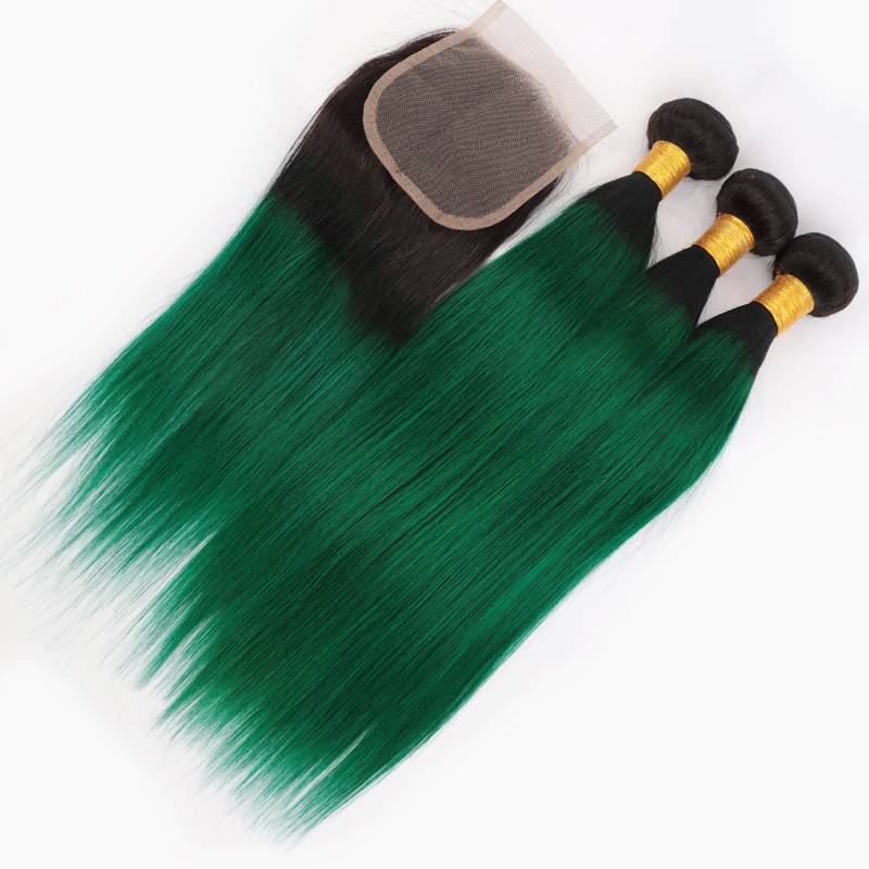 Poules à cheveux humains raides péruviens avec fermeture ombre T1B / Green Remy Hair Bundles 3/4 paquets PCS avec fermeture en dentelle 4x4