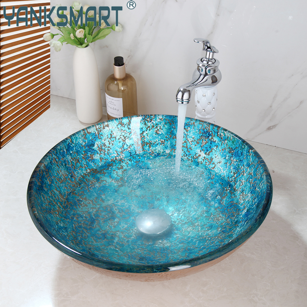 Yanksmart Arte redonda de vidro temperado pia de vidro de pijama de tinta de tinta de banheiro montado no deck montado banheiro kit de combinação de tapas de água de tapinha de água
