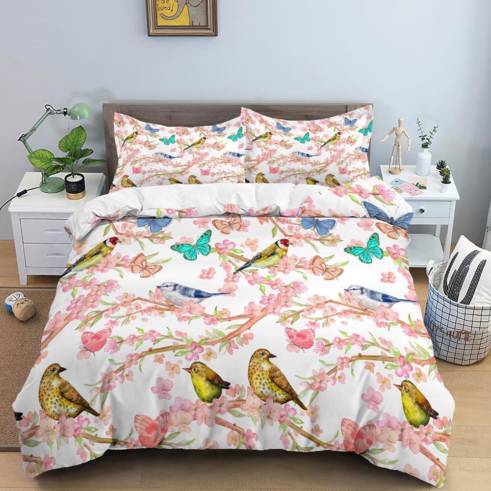 Flower Duvet Cover Set King Size Pink Flowers Green Leaves Pattern Quilt Cover for Teen Girl Microfiber Floral Theme Quilt Cover