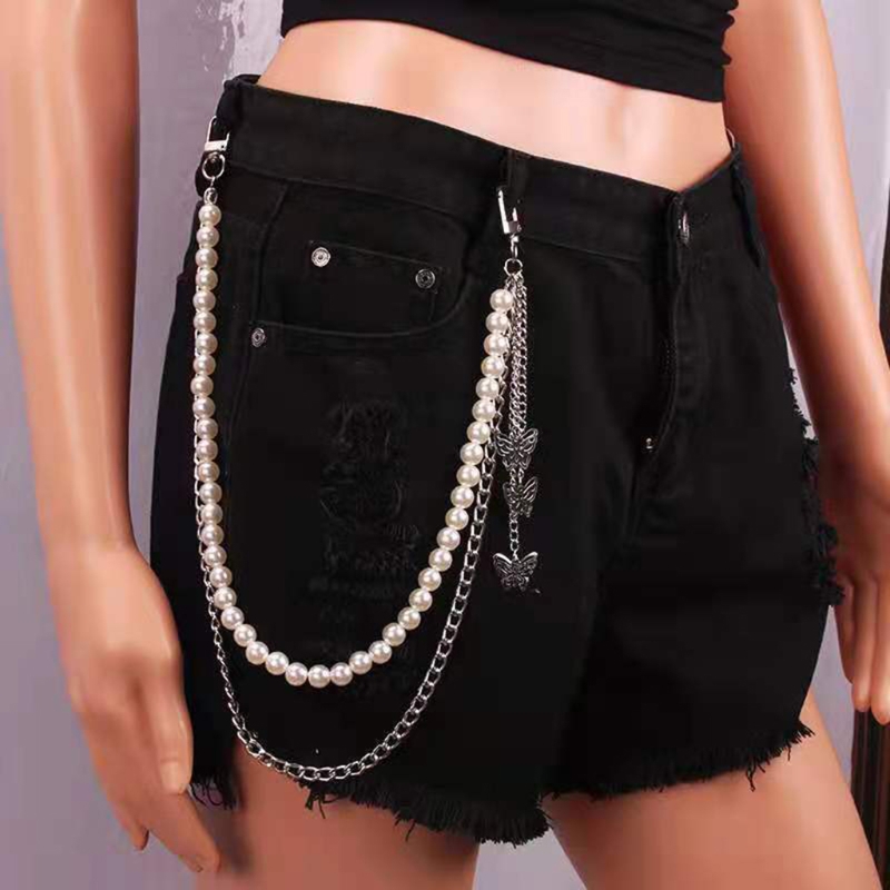 Pearl Butterfly zijketen op jeansbroek handtas voor E Girl Boy Layered Body Chain Trousers Street Clothing Accessories