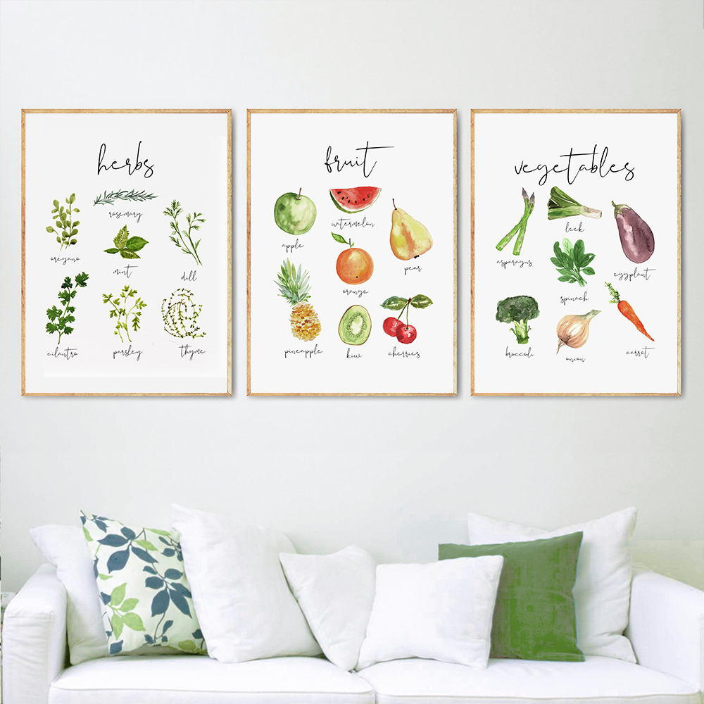 Watercolor Food Poster Print Fruit Vegetables Bread Cheese Pasta Nuts Canvas Painting Picture Wall Decor Kitchen Home Decoration