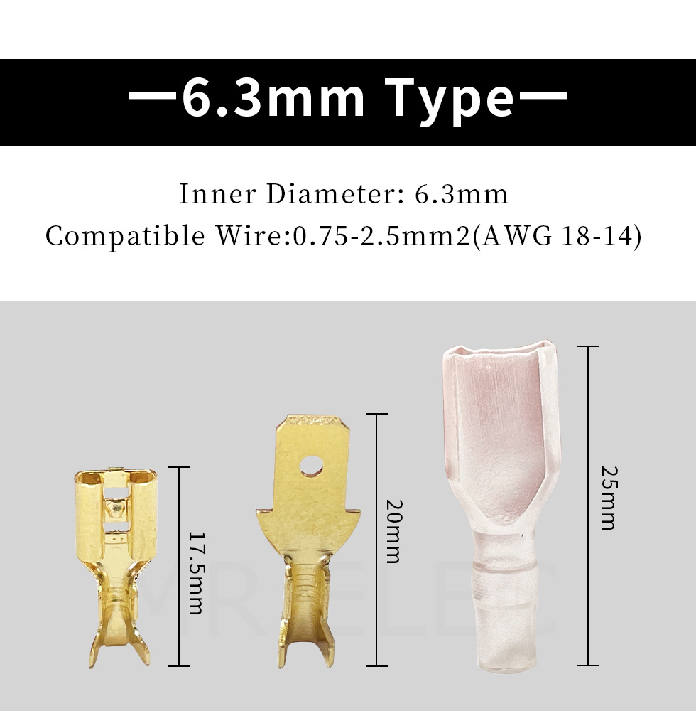 100 st2.8/4.8/6.3mm Kvinnliga och manliga krimpterminalanslutning Guld mässing/silverbilhögtalare Electric Wire Connectors 50 s