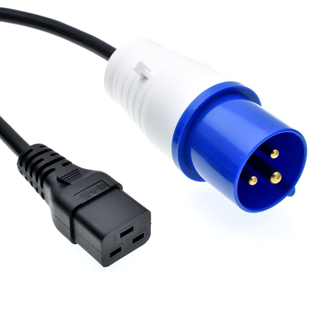 IEC 316P6-plug voor C19-connectortrekkingen, 16A, 250V, H05VV-F 2,5 mm kabel, pin en mouwplug naar IEC-connector