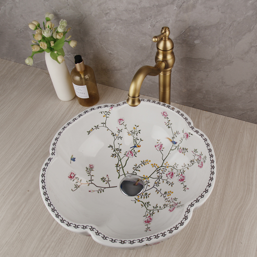 Torayvino Art Ceramic Basin Clower Bird Washbasin Basin Basin раковина вращается с антикварным латунным смесителем