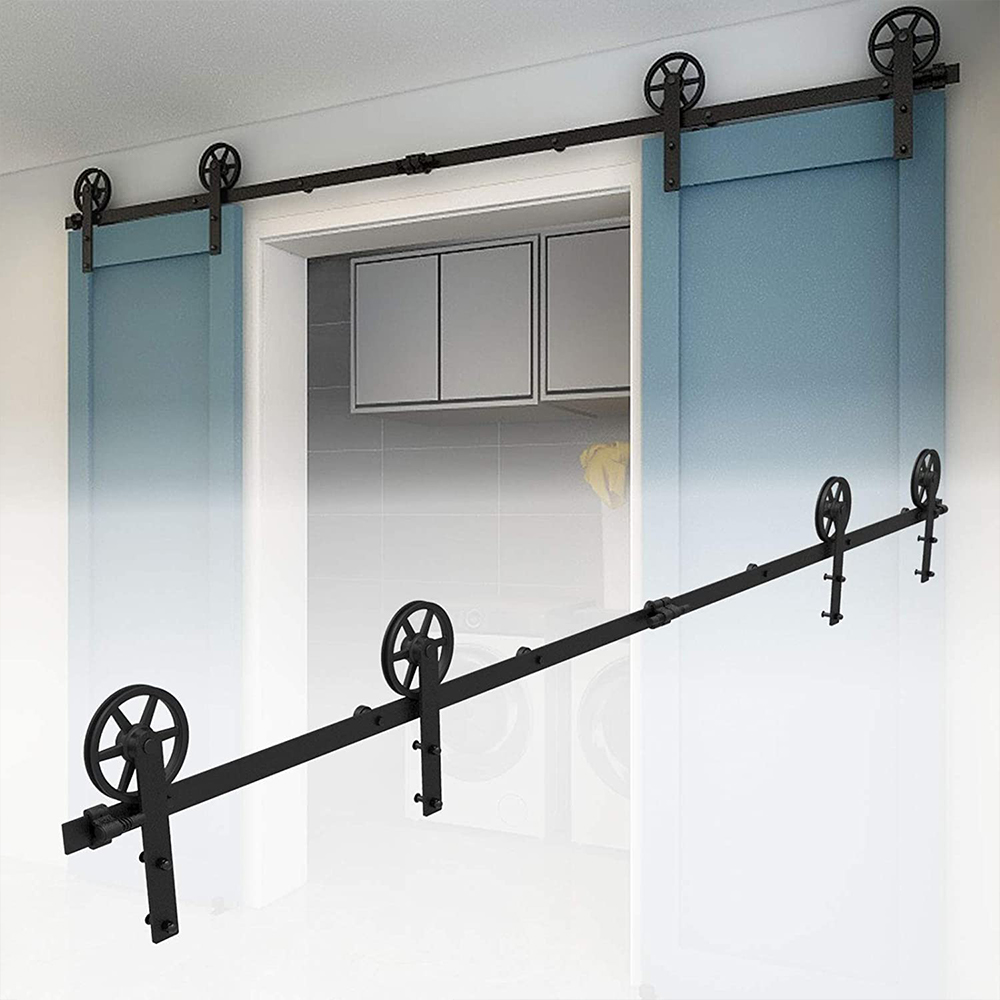 HACCER 4-12FT Sliding Barn Door Rails & Floor Guide Black Big Spoke Wheels Hanger System Double Door Hardware Kits