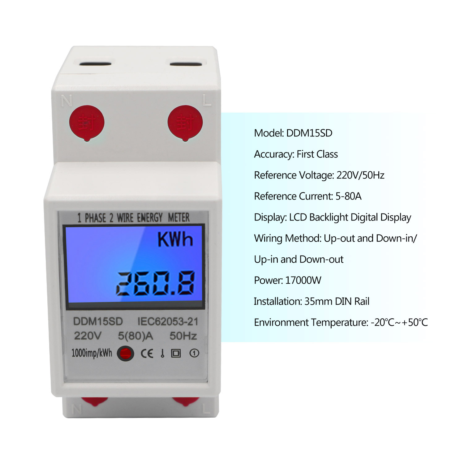 Enfas din-Rail Energy Meter 5-80A 220V 50Hz elektronisk KWH-mätare med LCD-bakgrundsbelysning Digital Display DDM15SD