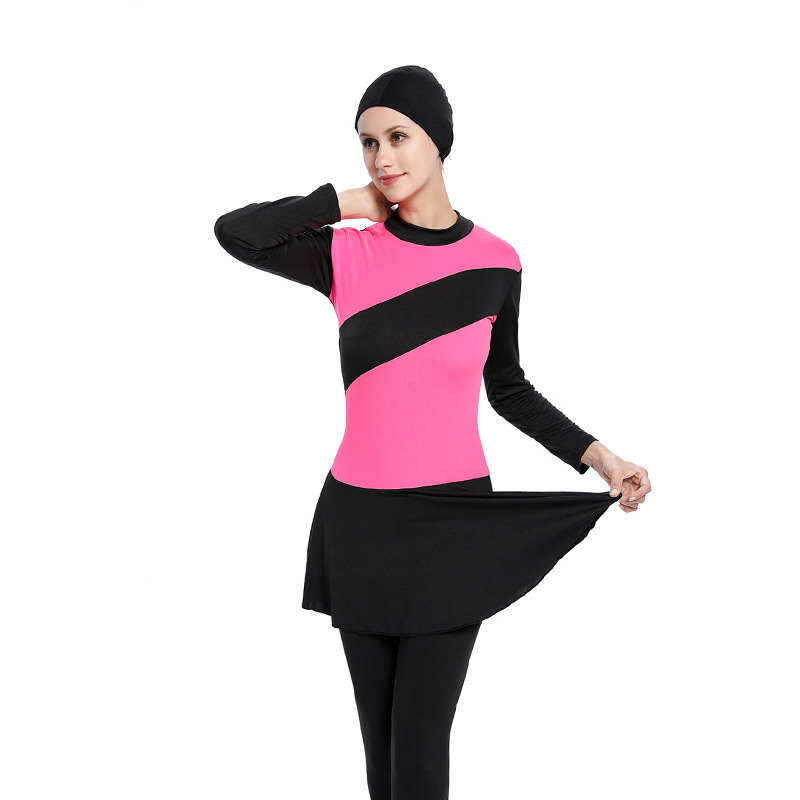 Swimwear Muslim Women Modest Jumpsuits Patchwork Hijab Mangas largas Sport Swimsuit Burkini Islámico Desgastamiento M-4XL