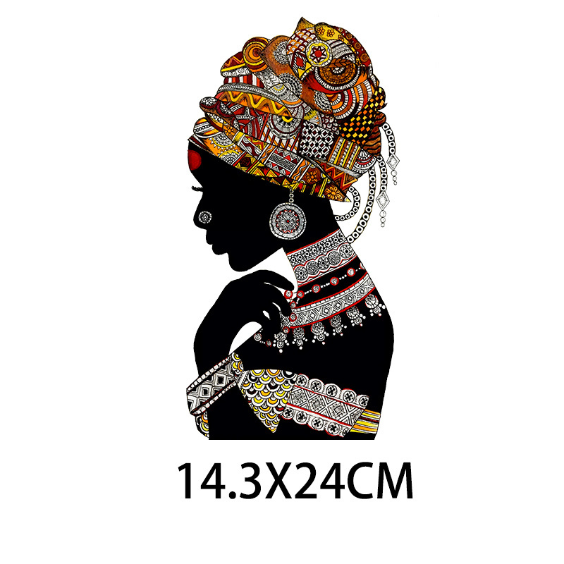Fashionabla afrikanska aristokratiska svarta hud Kvinnliga kläder T-shirt Tryck klistermärken DIY Dekorativ tröja Värmeöverföring