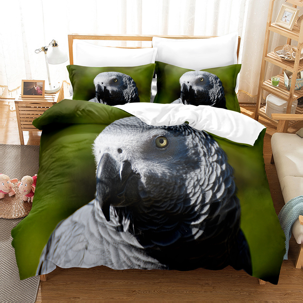 Parrot Duvet Cover Set King/Queen Size Lovely Grey Parrot Theme Bedding Set Adults Trees Bird Polyester Comforter Cover Green