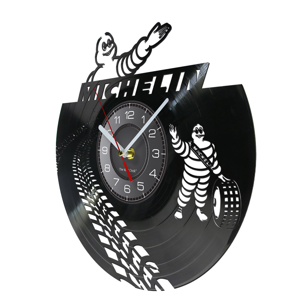 Reifengummi -Autokrad -Marke Werbung Retro Wall Clock Auto Anlage Garage Vinyl Album Rekord Mechaniker Man Cave Stille Uhren
