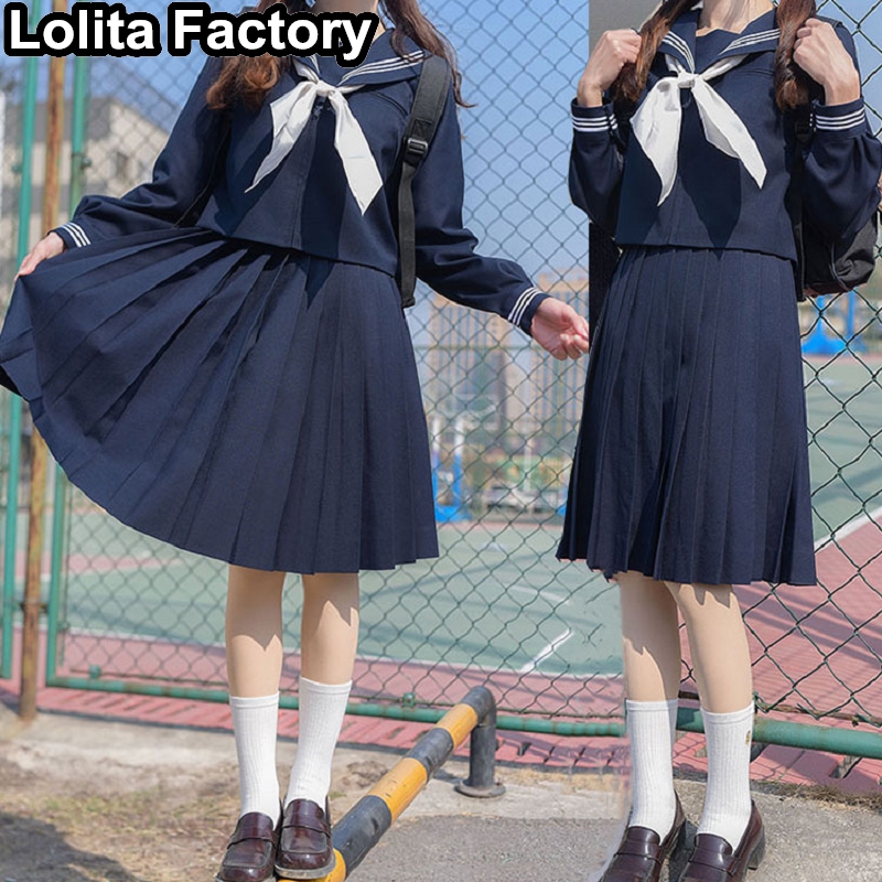 65cm longuette JK Uniform Sets Japanese Women girl uniform autumn Short/long Sleeve School Uniforms College Sailor Pleated Skirt