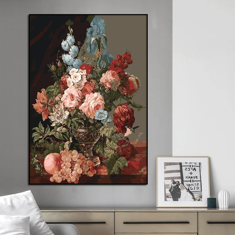 Europa klassisk vintage blomma duk målar väggdekor still liv med blommor i glas vas nordisk konst affisch tryck bild