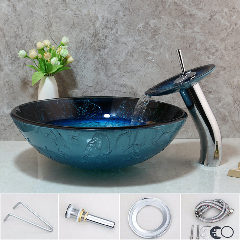 JIENI Hand Painted Blue Tempered Glass Basin Sink Washbasin Faucet Set Bathroom Counter top Washroom Vessel Vanity Sink Mixer