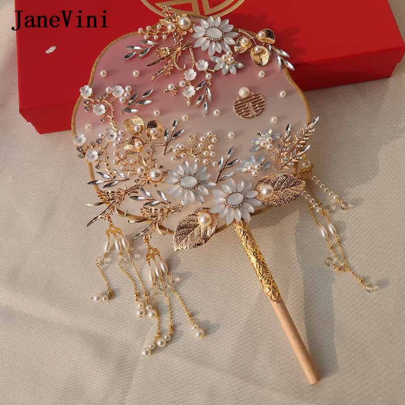 Janevini Luxury Luxury Crystal Crystal Cinese Bridal Hand Bouquets Fan Oro Oro Fiori artificiali Accessori matrimoni in metallo