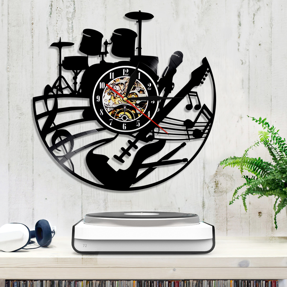 Chitarra e tamburo da parete in vinile orologio moderno design rock n roll strument strumento clock cronometro batterista amante del chitarrista