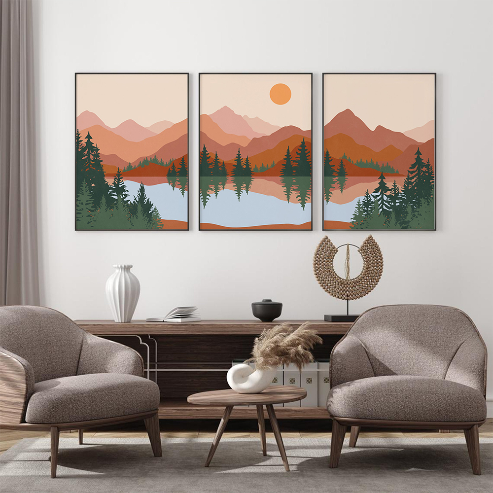 Mid Century Boho Abstract Mountain Lake Trees Imprimez Mur Art nordique toile image nature paysage peinture affiche de salon