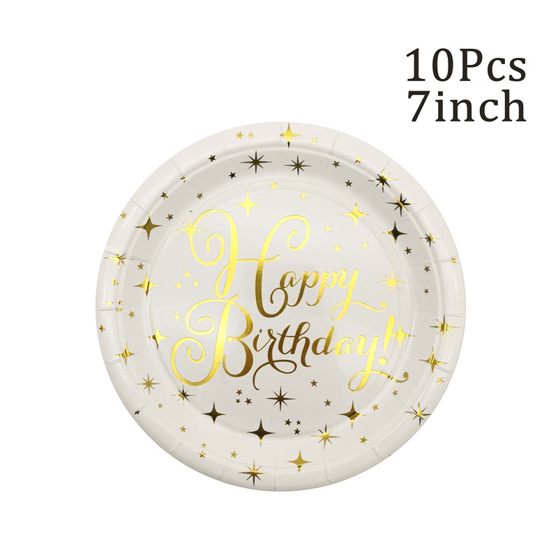 Guld Happy Birthday Paper Plates Cups servetter TABLEDduk halm engångsbordsartiklar Kids för vuxen födelsedagsfest servis leverans