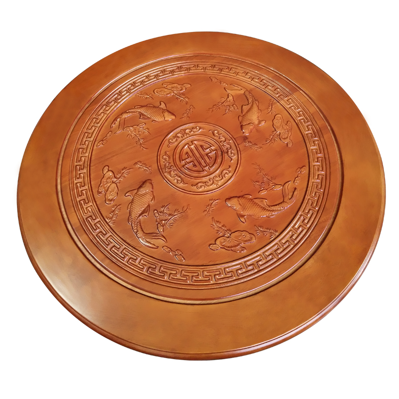 Solid Oak Wood Quiet Smooth Rotating Tray Round Dining Wood Table with Lazy Susan and Beautiful Carving Patterns_0004