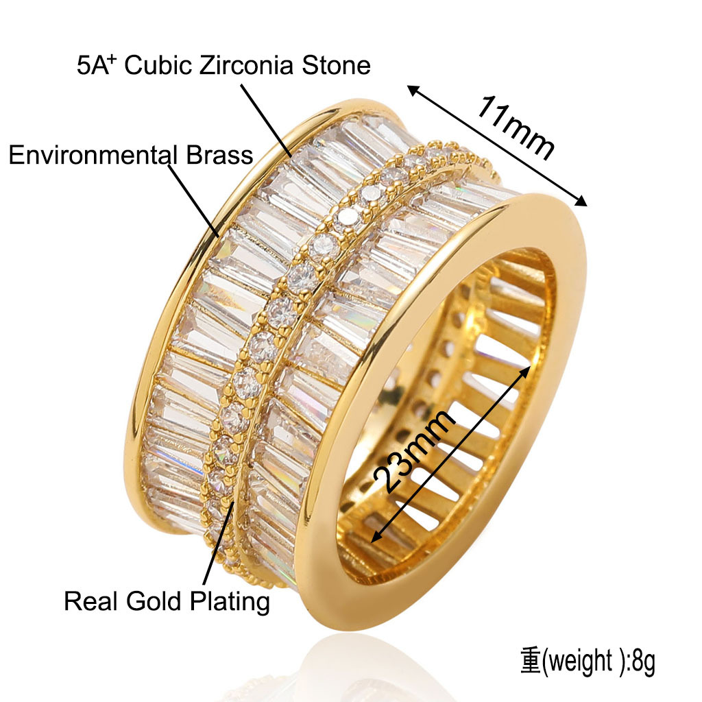 Hip Hop Topling Double Rows t Zircon Ring 18K Real Gold Men Femme Bijoux Gifts