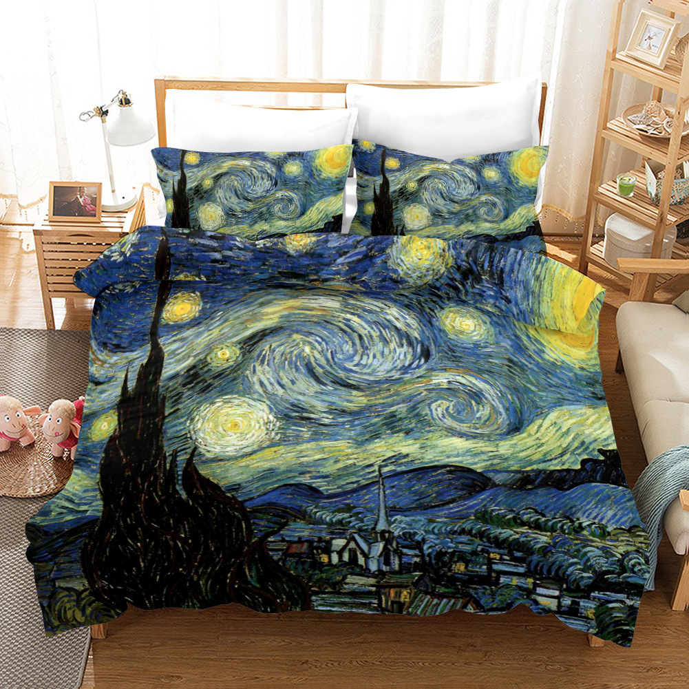 Oljemålning Däcke täcker van Gogh Starry Night Print Bedding Set Microfiber Quilt Cover Queen/King/Full/Twin for Kids Women Boy