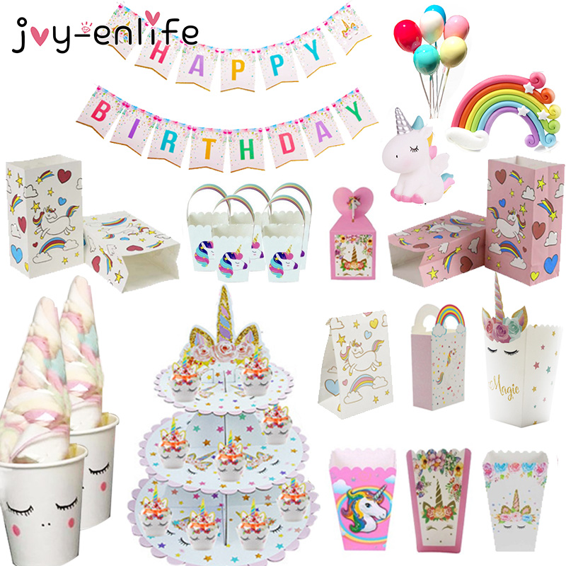 Plastic Gift Cookie Bag Unicorn Party Paper Popcorn Box Candy Bags Gift Box Rainbow Cake Topper Baby Shower Birthday Party