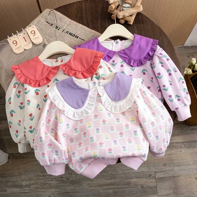 T-shirts filles sweatshirts imprimer des t-shirts floraux pour les enfants à manches longues chouxes de tout-petit décontractées 2023 Automne Hiver Baby Outfits 240410