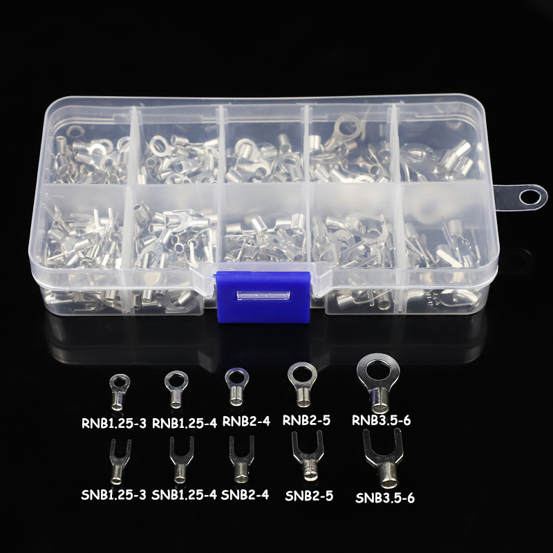 /Box 10 In 1 Terminals Non-Insulated Ring Fork U-type Brass Terminals Assortment Kit Cable Wire Connector Crimp Spade